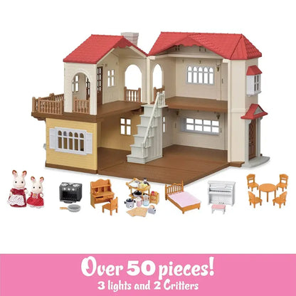 Calico Critters Red Roof Country Home  Interactive Dollhouse Playset with Miniature Furniture, Figures & Accessories