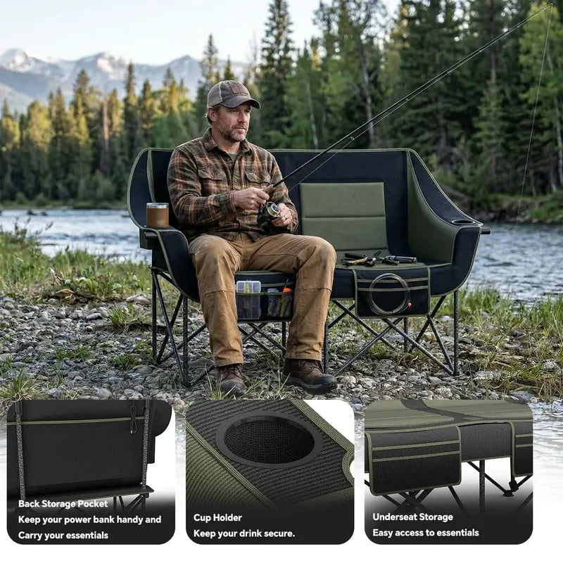 Heavy-Duty Dual-Seat Camping Loveseat  660 lb Capacity, Cup Holders & Carry Bag
