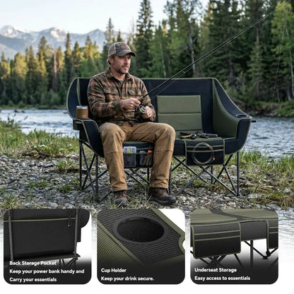 Heavy-Duty Dual-Seat Camping Loveseat  660 lb Capacity, Cup Holders & Carry Bag