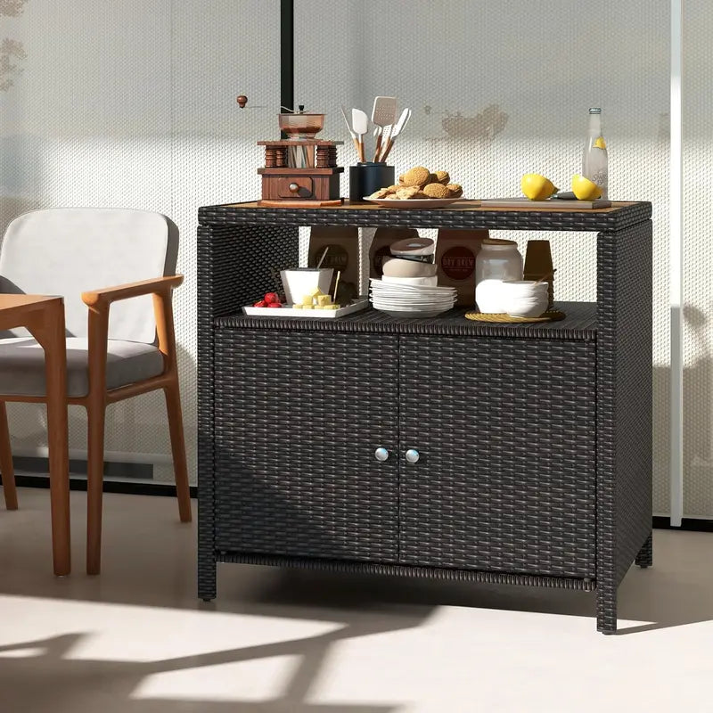 Mixed-Brown Rattan Patio Sideboard  Acacia Wood Countertop Buffet with Open Shelf & 2-Door Storage