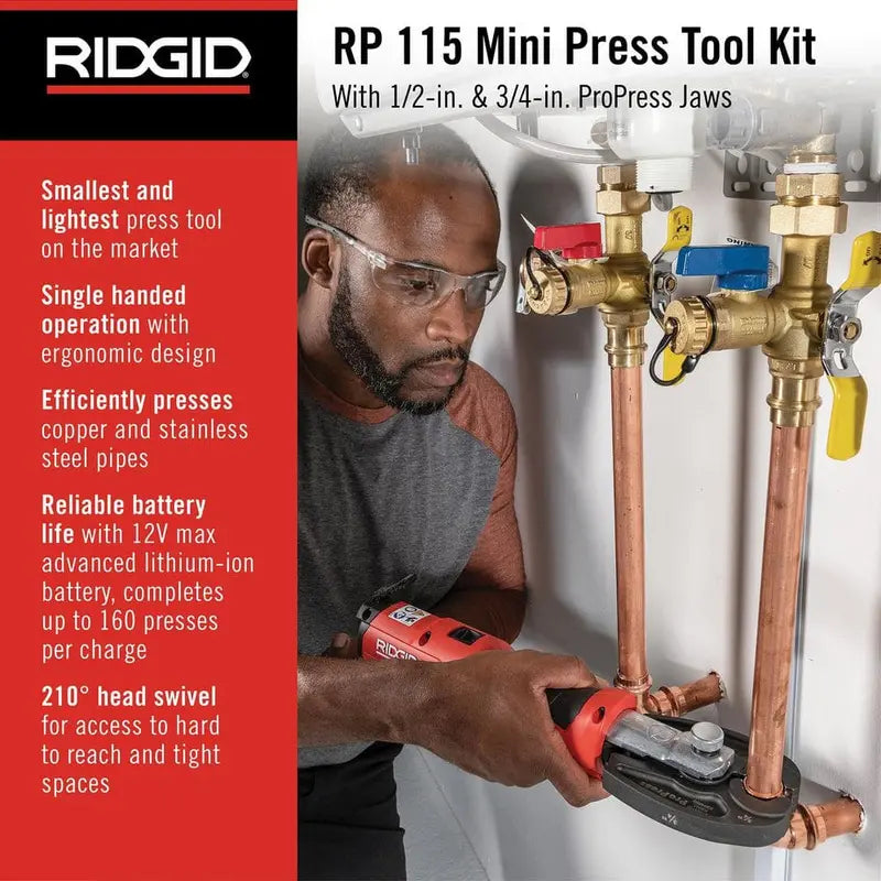 RIDGID RP 115 Mini Press Tool Kit for 1/2 in.  3/4 in. Copper &amp; Stainless Fittings with 12V Li-Ion Battery (Includes 6 Items) 72553