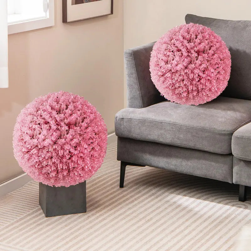 Set of Two 17.5-Inch Outdoor Artificial Topiary Balls  Pink Eucalyptus Faux Greenery