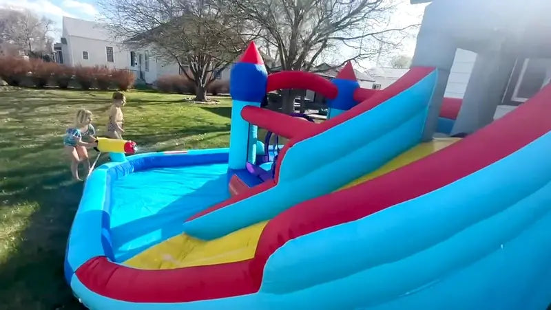 8-in-1 Inflatable Water Park for Kids: Bounce House, Slide, Climbing Wall, Splash Pool, Dual Water Cannons, Basketball Hoop & Crocodile Sprinkler  Includes 450W Blower
