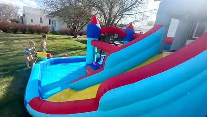 8-in-1 Inflatable Water Park for Kids: Bounce House, Slide, Climbing Wall, Splash Pool, Dual Water Cannons, Basketball Hoop & Crocodile Sprinkler  Includes 450W Blower