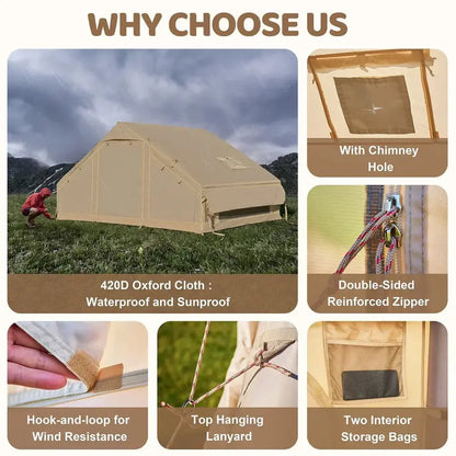 6-Person Inflatable Camping Tent  10′ x 7′ Waterproof, Windproof Glamping Dome with Mesh Ventilation, Integrated Pump, and Luxury Oxford Fabric