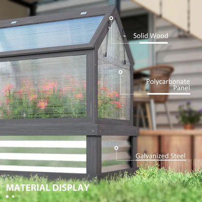 Wooden Raised Garden Bed with Polycarbonate Peak-Roof Greenhouse — 35.5″ x 22.5″ x 38.25″, Gray