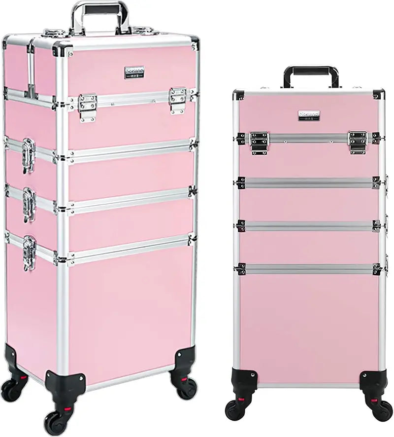 All-Black 4-in-1 Rolling Aluminum Cosmetic Organizer  Professional Artist Train Case with Four Locking Wheels