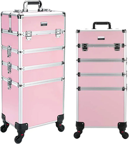 All-Black 4-in-1 Rolling Aluminum Cosmetic Organizer  Professional Artist Train Case with Four Locking Wheels
