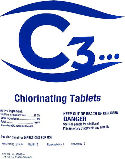 Brand C3 3″ Stabilized Chlorine Tablets for Pools & Spas  50 lbs, Slow-Dissolving, UV-Protected
