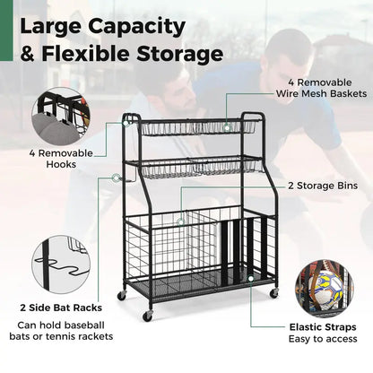 Mobile Sports Equipment Organizer  Wheeled Ball Rack for Garage or Gym Storage