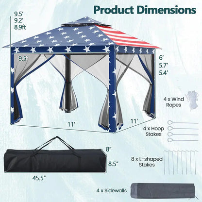 11′ x 11′ Pop-Up Gazebo with Mesh Sidewalls  Vented Canopy, Drainage Holes