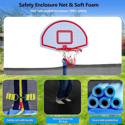 16-Foot Upgraded Trampoline with Enclosure Net and Adjustable Basketball Hoop