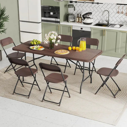 6-Foot Rattan-Style Plastic Folding Table  HDPE Textured Top, 350 lb Outdoor Duty