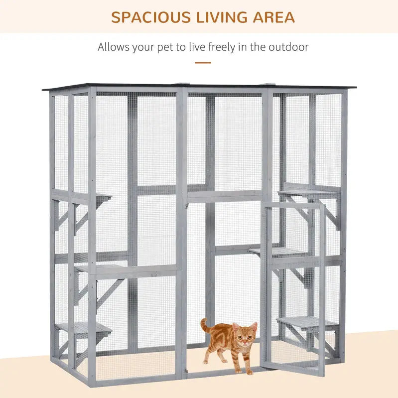 PAWHUT Large Wooden Catio Enclosure  Weatherproof Outdoor Cat Haven with Six Tiered Platforms (71″ x 38.5″ x 71″)
