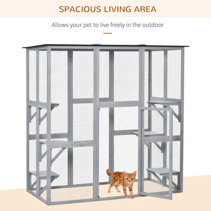 PAWHUT Large Wooden Catio Enclosure  Weatherproof Outdoor Cat Haven with Six Tiered Platforms (71″ x 38.5″ x 71″)