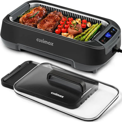 CUSIMAX 1500W Korean BBQ Grill: LED Smart Display, Tempered Glass Lid, Non-Stick Removable Grill Plate, and Efficient Smoke Extraction System