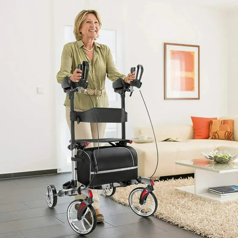 Heavy-Duty Upright Rollator Walker  Sturdy Standing Frame with Brakes, Seat, and Storage Bag for Seniors and Mobility Support