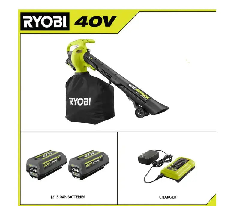RYOBI Vac Attack 40V Cordless Leaf Vacuum & Mulcher  Includes 2x 5.0Ah Batteries & Charger