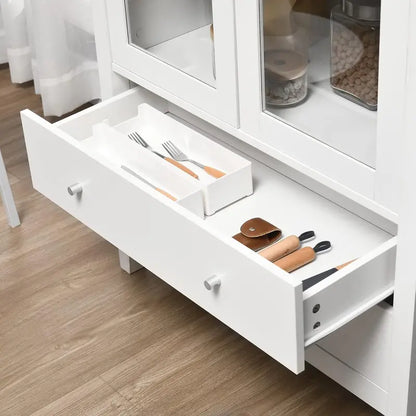White Freestanding Buffet Cabinet with Soft-Close Glass Doors, Three-Tier Shelving, Two Drawers, and Farmhouse-Inspired Storage Solutions