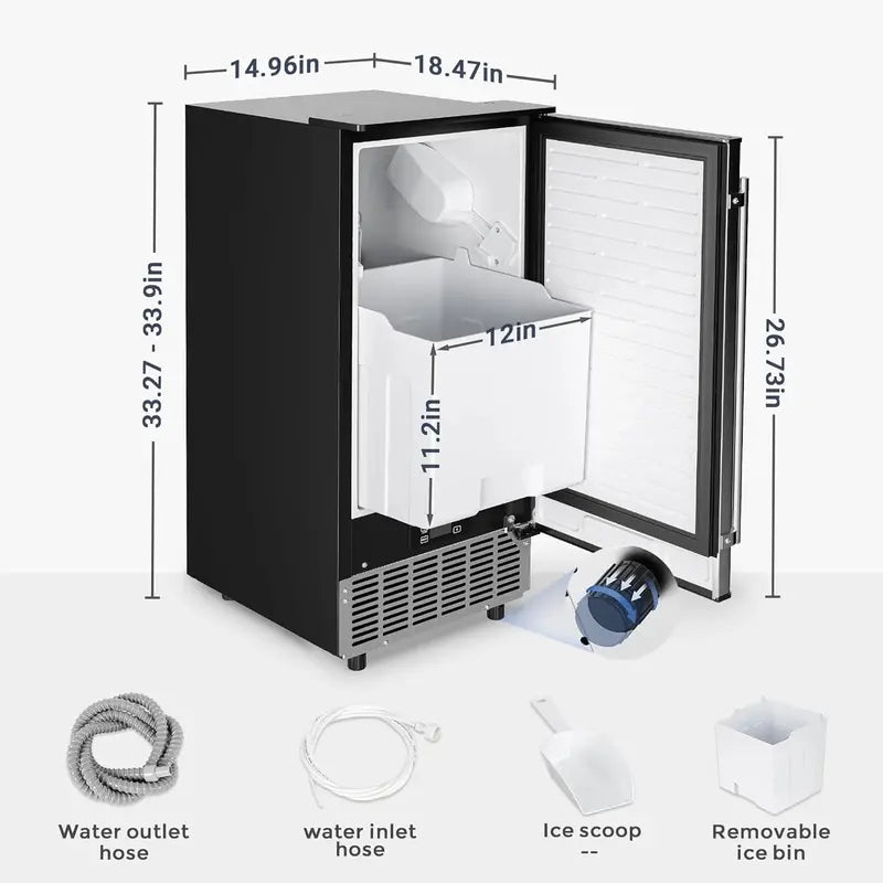 Built-in Undercounter Ice Maker  80 lbs/Day Output, 24 lbs Storage, Auto-Clean, Smart LCD & Drain Pump