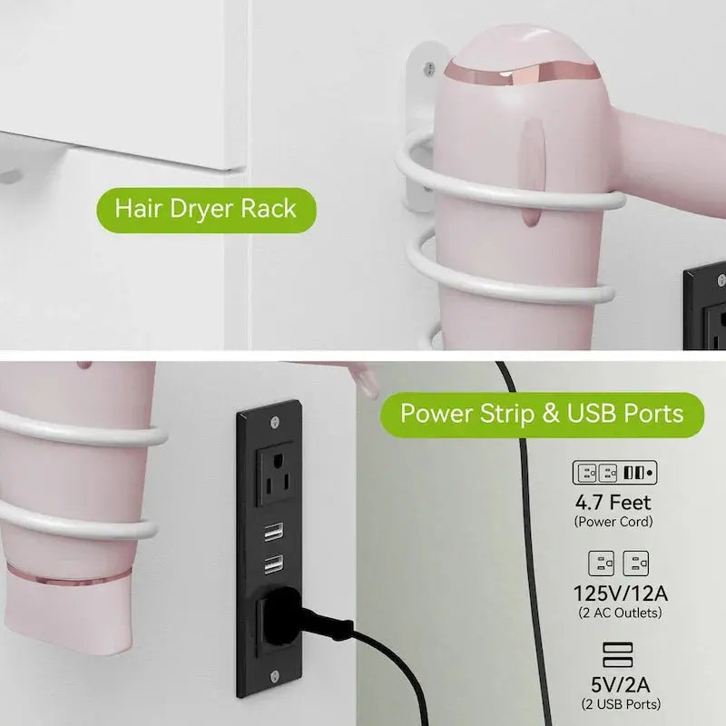 Moasis Illuminated Vanity Cabinet — 46-Inch LED Mirror, Built-in Outlet, Hair Dryer Rack, and Slim Profile