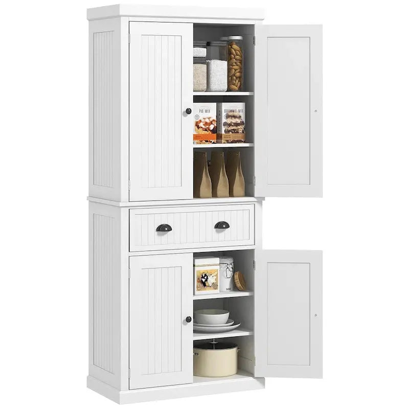72-Inch Freestanding Pantry Cabinet  Traditional Style with Four Doors, Three Adjustable Shelves, and Spacious Center Drawer