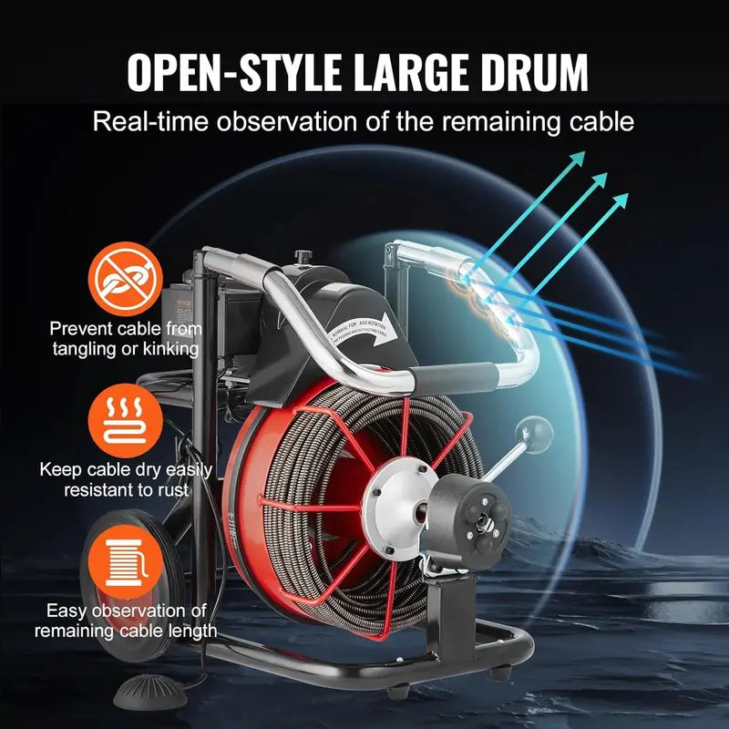 100 ft × 1/2 in Auto-Feed Drain Snake Machine  550W Portable Sewer Auger with Foot Switch & 8 Cutters (2″4″ Pipes)