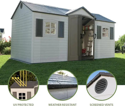 Lifetime 8 ft × 15 ft Outdoor Storage Shed  Desert Sand Color, Weather-Resistant Design