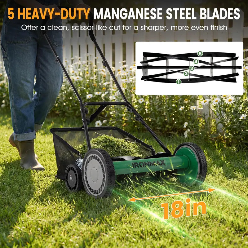 18-Inch Manual Push Reel Lawn Mower with 5-Blade Manganese Steel Cutting System