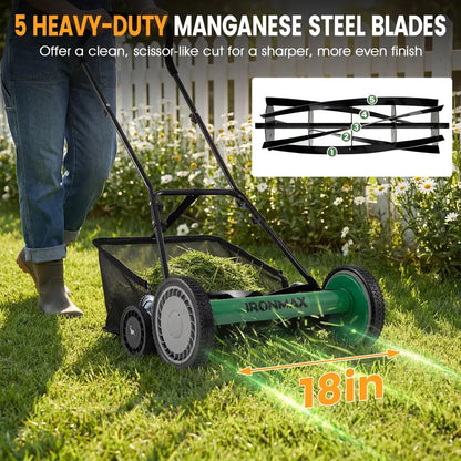 18-Inch Manual Push Reel Lawn Mower with 5-Blade Manganese Steel Cutting System
