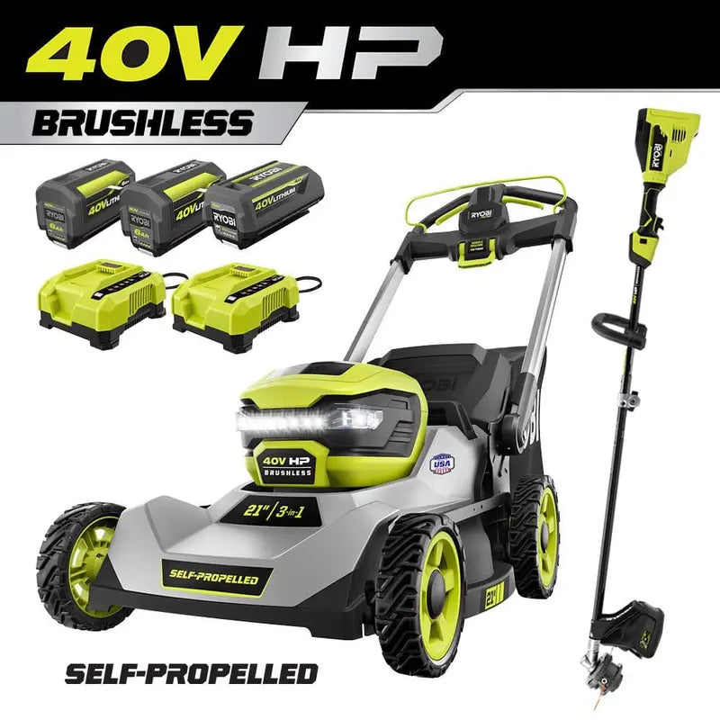 RYOBI 40V HP Brushless 21 in. Cordless Walk Behind Self-Propelled Lawn Mower & Trimmer  (3) Batteries/(2) Rapid Chargers RY401140-4X