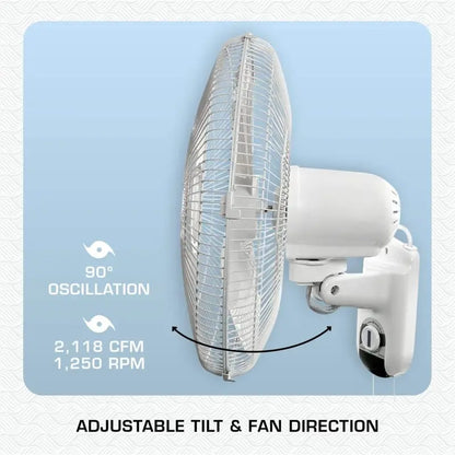 Classic 16-Inch Wall Mounted Oscillating Fan, 3-Speed, White, Durable Metal, Space-Saving Design