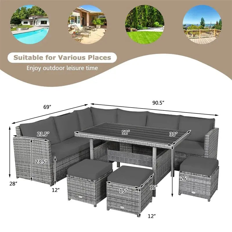 7-Piece Rattan Patio Sectional Set  Includes Dining Table, Ottomans, and Weather-Resistant Cushions