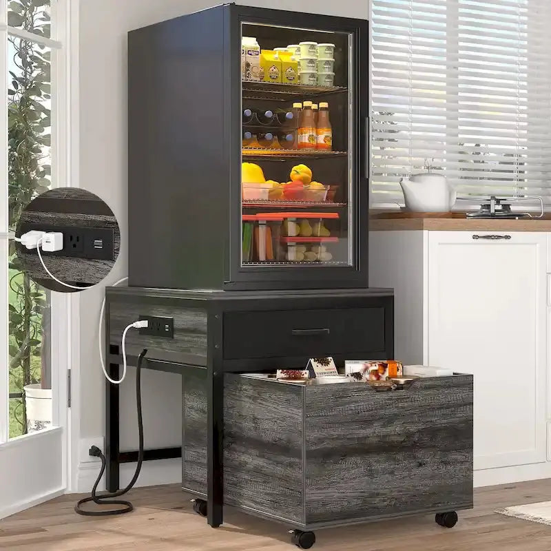 Compact Fridge Stand with Built-in Charging Station, Storage Drawers, and Mobile Cabinet Design