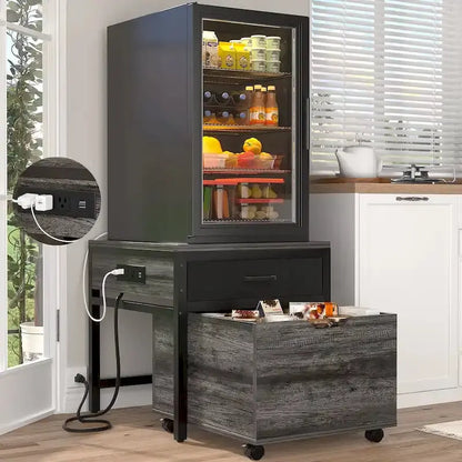 Compact Fridge Stand with Built-in Charging Station, Storage Drawers, and Mobile Cabinet Design