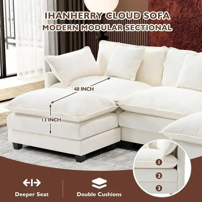 111.4-Inch L-Shaped Modular Cloud Sofa  Chenille 4-Seater with Ottoman & Deep Seat Design