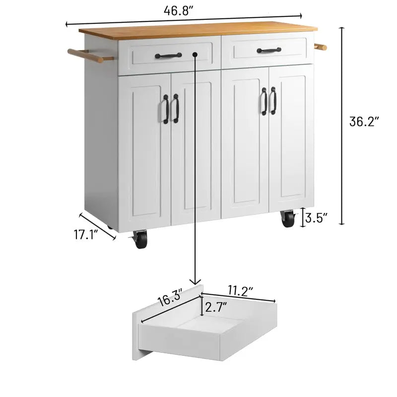 White Rolling Kitchen Island Cart with Storage — Wooden Countertop, 2 Drawers, 4 Cabinets, Towel Racks & Adjustable Shelves