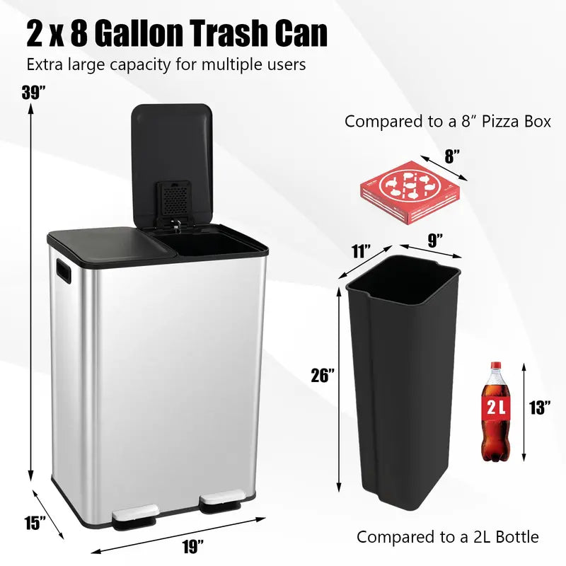 16-Gallon Dual-Bin Stainless Steel Kitchen Trash Can