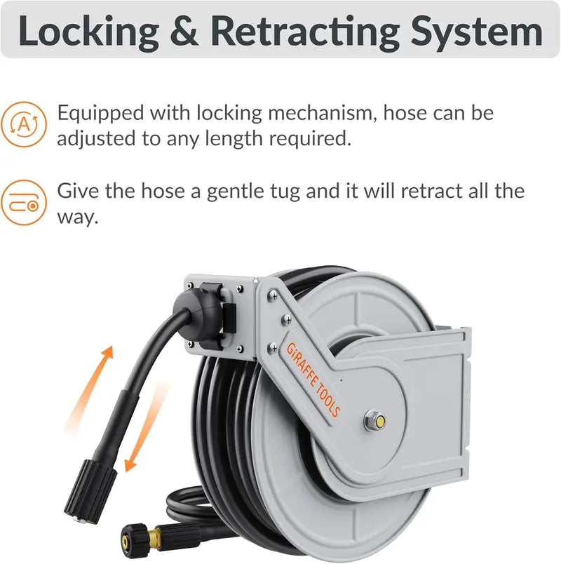 Giraffe Tools Wall-Mounted Pressure Washer Hose Reel  Auto-Rewind, Adjustable Length Lock & Durable Construction