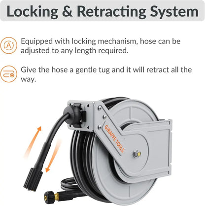 Giraffe Tools Wall-Mounted Pressure Washer Hose Reel  Auto-Rewind, Adjustable Length Lock & Durable Construction