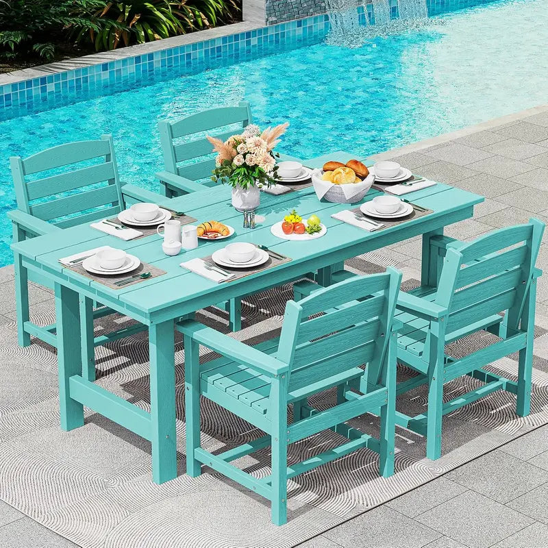 SERWALL 7-Piece Blue HDPE Outdoor Dining Set with Umbrella Hole and Stackable Chairs