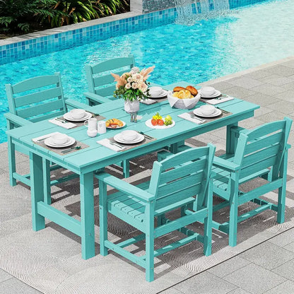 SERWALL 7-Piece Blue HDPE Outdoor Dining Set with Umbrella Hole and Stackable Chairs