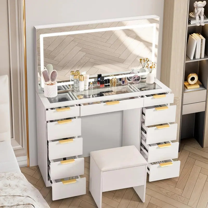 Glass-Top Vanity Desk with Lighted Mirror  11-Drawer Makeup Station, Silent Slides, 3 Lighting Modes & USB Charging Port
