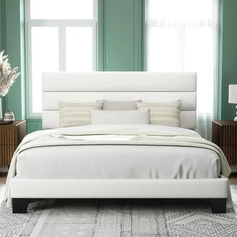 Allewie King Platform Bed Frame  Velvet-Upholstered Headboard with Solid Wood Slats