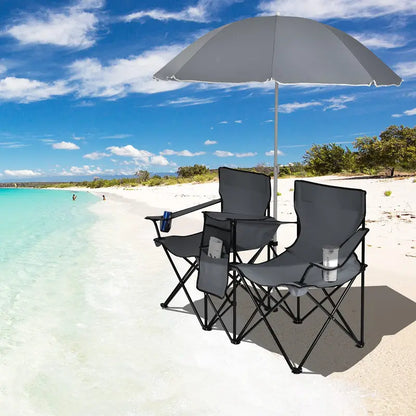 Compact Double Picnic Chair Set with Umbrella, Mini Table, Beverage Holders & Carry Bag