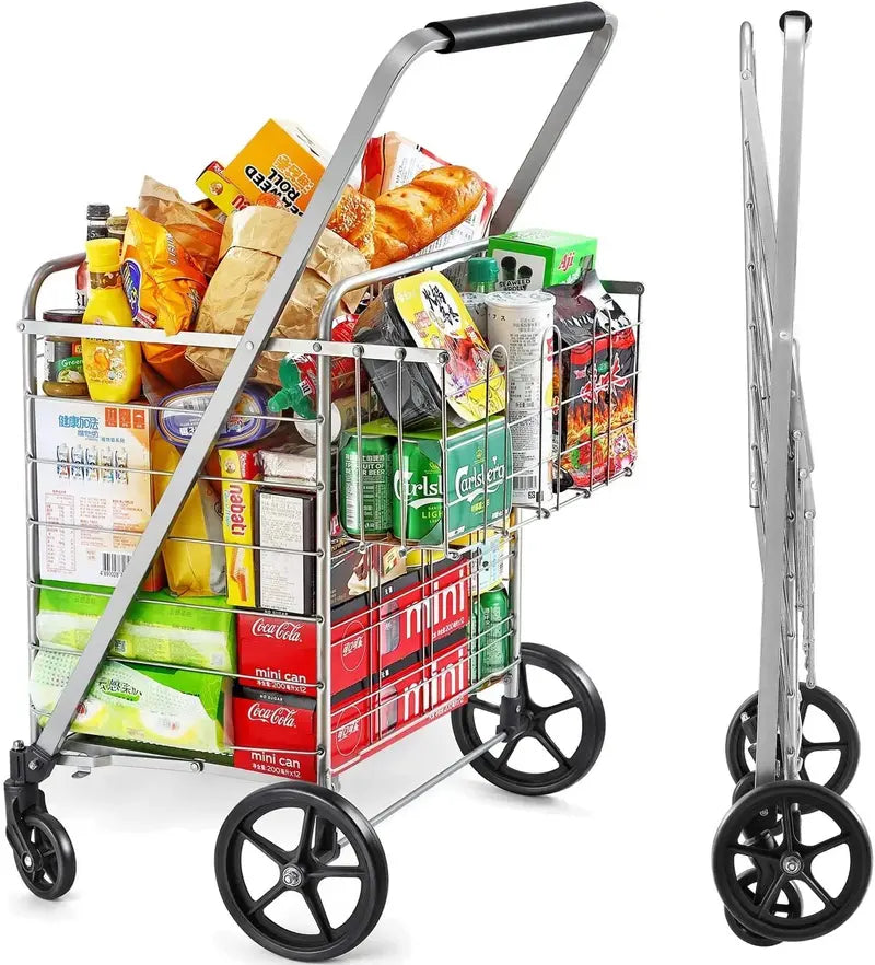 Heavy-Duty Metal Shopping Cart with Smooth-Rolling Wheels for Groceries and More