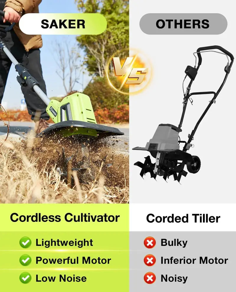 Saker 22V Cordless Garden Tiller  Lightweight 9-Inch Width Rototiller with 6.3-Inch Depth, Dual Battery Kit for Efficient Cultivation