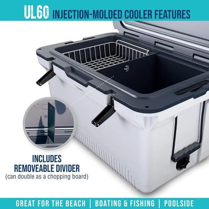 60-Quart Ultra-Lightweight Injection-Molded Cooler  7-Day Ice Retention, Wire Basket, Divider & Built-In Bottle Opener