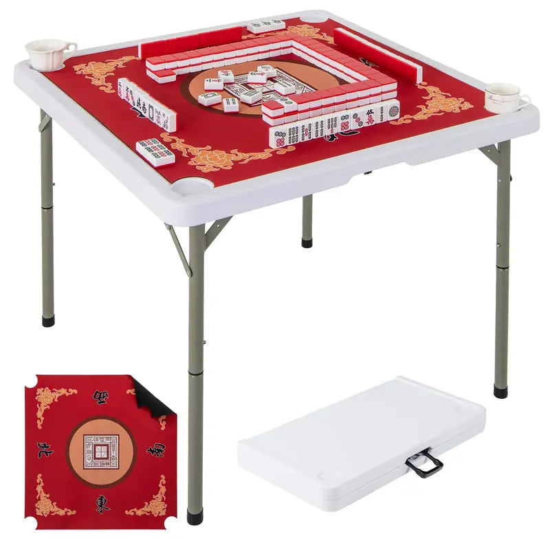 Mahjong-Friendly Folding Card Table — 35-Inch Square HDPE Surface with Cup Holders & Mat