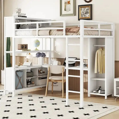Off-White Metal Loft Bed with Under-Bed Desk and Closet Integration  Full-Size Space-Saving Solution